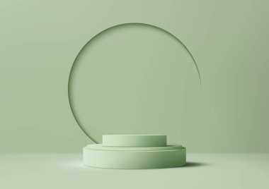 Üç boyutlu yeşil podyum modeli. Yeşil bir zemin ve geometrik daire tasarımı, bu model ürünlerin sergilenmesi için mükemmel. Vektör illüstrasyonu