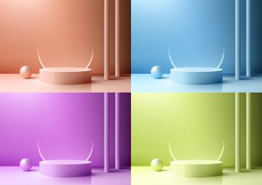 Şeffaf bir cam zemin üzerine kurulmuş 3 boyutlu gerçekçi podyum modern bir iç mekan modeli yaratıyor. Bu çarpıcı tasarım pembe bir topa sahip. Vektör illüstratörü