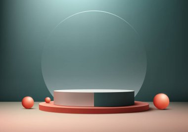 Üç boyutlu yuvarlak beyaz podyum, şeffaf cam zemin dekorasyonu kırmızı toplar yeşil arka planda ışık altında dinleniyor. Vektör illüstrasyonu