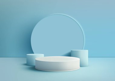 Üç boyutlu beyaz podyum modeli. Mavi daireler arkaplan ve geometrik elementlerin dizaynı mavi arkaplanda, bu model ürünlerin sergilenmesi için mükemmeldir. Vektör illüstrasyonu
