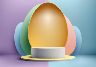 Paskalya ürünlerinizi renkli 3 boyutlu podyum sahneleriyle gösterin. İçinde Paskalya yumurtaları, bahar renkleri ve geometrik bir sahne var. Vektör illüstrasyonu