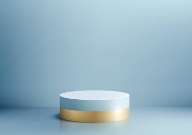 Lüks 3D podyum modeli. Yumuşak mavi arka planda mavi ve altın renginde tasarlanmış bu minimalist sahne mücevher, kozmetik ve daha fazlası için mükemmel. Vektör illüstrasyonu