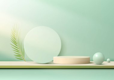 Minimalist bir 3 boyutlu sahne bej podyum, yeşil daire, küreler ve yeşil arka planda büyük yeşil bir yaprak. Vektör illüstrasyonu