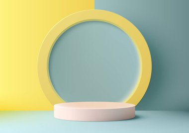 Üç boyutlu gerçekçi pembe renkli podyum platformu. Çember çerçeve arka planı, sarı ve mavi arkaplanda en az duvar sahnesi. Güzellik, kozmetik sunumu, modelleme sahnesi, kozmetik ürün gösterisi. Vektör illüstrasyonu