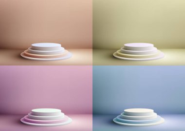 3D gerçekçi beyaz podyum basamakları pastel arka planda duruyor. Asgari düzeyde. Ürün sergileri, sunumlar ve daha fazlası için mükemmel. Vektör illüstrasyonu