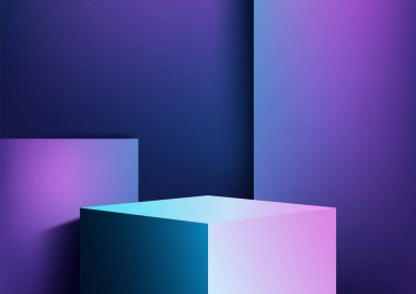 Soyut geometrik şekilleri içeren üç boyutlu arka plan neon rengi mor ve mavi renkli şema. Teknoloji sunumları ve bilim kurgu kavramları için ideal. Vektör illüstrasyonu