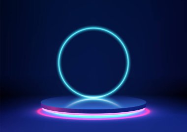 Ürününüzün 3D mavi podyumunu bir kaide üzerinde halka şeklinde neon şeklinde parlayan pembe bir zemin üzerinde gösterin. Teknoloji ödülleri ya da teknolojik aletleri fütüristik bir sahnede sergilemek için ideal. Vektör illüstrasyonu