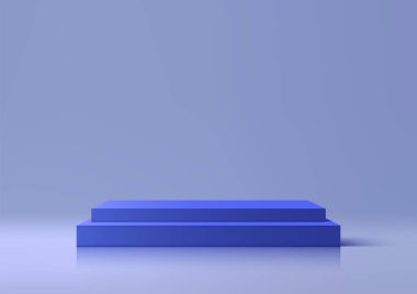 3 boyutlu basit ve zarif mavi bir podyum ve basamakları uyumlu mavi bir arka planda duruyor. Ürün sergisi, asgari düzeyde. Vektör illüstrasyonu