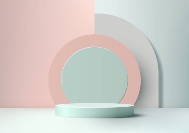 Ortasında daireler olan 3D mavi renkli podyum ve Pastel renklerde geometrik elementler. Ürün sergisi, asgari düzeyde. Vektör illüstrasyonu