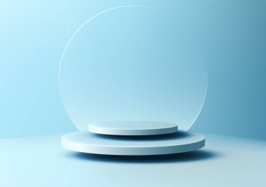 Çember cam arka planlı 3D mavi podyum modern iç mekan ürün gösterim modelleri için mükemmeldir. Tezgah bir zemine ve yumuşak mavi arka plana kurulmuş. Vektör illüstrasyonu