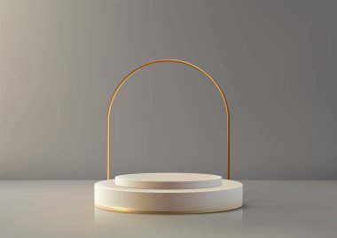 3D gerçekçi beyaz renkli podyum, yerde yuvarlak altın çizgisi ve gri duvar arka planı, modern lüks konsept, ürün sergisi, model, sergi odası, vitrin. vektör illüstrasyonu