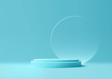 Çember cam arka planlı 3D mavi podyum modern iç mekan ürün gösterim modelleri için mükemmeldir. Tezgah bir zemine ve yumuşak mavi arka plana kurulmuş. Vektör illüstrasyonu