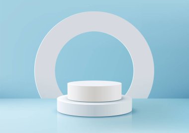 3D gerçekçi beyaz renkli podyum platformu. Mavi arka planda çerçeve minimum duvar sahnesi var. Güzellik, kozmetik sunumu, modelleme sahnesi, kozmetik ürün gösterisi. Vektör illüstrasyonu