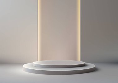 Gri arka planda spot ışıkları olan 3D beyaz podyum, ürün modeli ekran. Vektör illüstrasyonu
