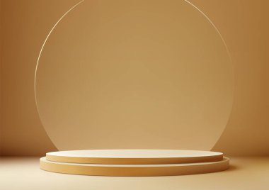 3D bej podyum sehpası ve daire cam zemin modern iç mekan ürün gösterim modelleri için mükemmeldir. Tezgah bir zemin ve açık kahverengi arka plan üzerine kurulmuş. Vektör illüstrasyonu