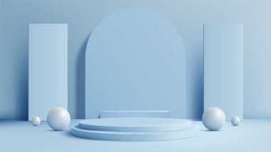 Yuvarlak Arkaplan ve Geometrik Elementlere sahip Modern 3D Mavi Podyum, Ürün Görünümü ve Moda İçin Mükemmel