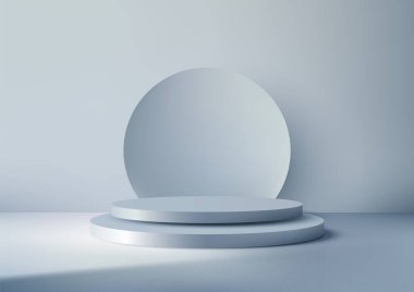 Mavi arkaplanda daire arkaplanı olan 3D mavi podyum yığını, şık sergi için modern ürün görüntüleme modeli