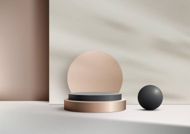 Modern Ürün Gösterimi için Beyaz Arkaplanda Siyah Top ve Çember Arkaplanlı 3D Yuvarlak Altın ve Siyah Podyum
