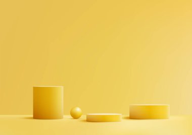 Asgari Ürün Modeli ve Gösteri Odası Gösterimi için Sarı Arkaplanda 3B Sarı Silindirler ve Top