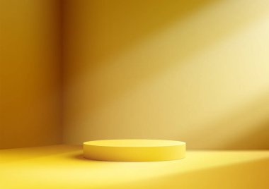 Yumuşak, sıcak bir ışıkla aydınlanan parlak sarı bir podyum minimalist bir odada, pürüzsüz bir eğimle, sakin ve davetkar bir atmosfer yaratıyor.