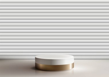 Beyaz ve altın renkli silindirik tasarımı olan 3D modern podyum yatay, eşit aralıklı gri çizgilerin arka planına karşı parlak bir yüzey üzerinde oturmaktadır.
