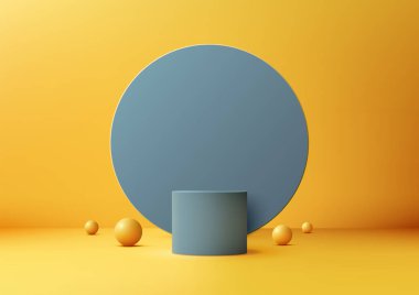 Modern Ürün Görünümü için Çember Arkaplanı ve Topları Sarı Arkaplanda 3D Mavi Silindir Podyumu