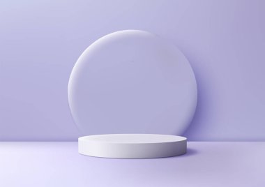 Modern 3D Beyaz Podyum, Dairesel Arkaplan, Zarif Ürün Görünümü ve Mor Arkaplanda Moda Gösterimi
