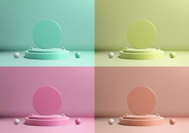 Ortası daire şeklinde bir podyumu olan 3 boyutlu canlı podyum yumuşak bir zemin üzerinde elementler oturur, ürün modelleme ekranı