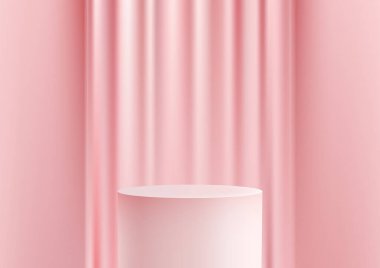 Pembe Duvar Arkaplanında Pembe Perdeli 3D Beyaz Renkli Podyum, Gösteriş Odası Gösterisi için Lüks Ürün Modifisi