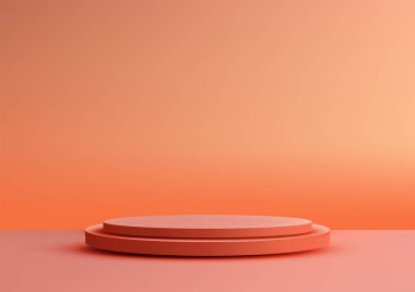 Parlak Pembe Pembe Platformda En Az 3D Kırmızı Podyum Ürün Görünümü ve Moda İçin Koyu Turuncu Arkaplan