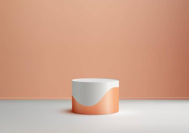 3D Beyaz ve Turuncu Silindir Podyumu Yumuşak Turuncu Zemin Minimum Lüks Ürün Stili Model Gösterim Odası Gösterimi Gösterimi için