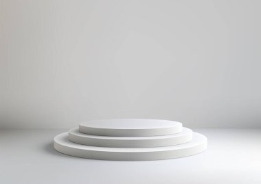 Üç Katlı Temiz ve Gösterişli Beyaz Podyum, Modern Ürün Görünümü, Mockup, Showroom, Showcase için ideal