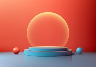 Kırmızı Arkaplanda Kırmızı ve Mavi Toplarla Mavi Podyumda 3D Parlayan Küre, Modern Stil Ürün Gösterimi ve Moda Gösterimi, Showroom Gösterimi