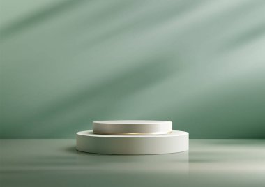 Altın Yüzüklü Zarif 3D Beyaz Podyum, Lüks Ürün Ürün Yeşil Arkaplanda Görüntü ve Mokup, Premium Showroom Showcase için ideal
