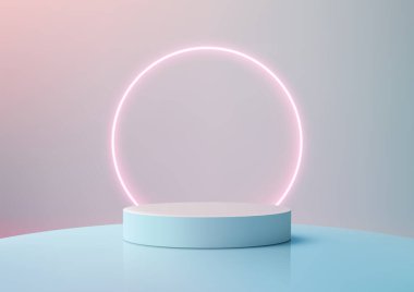3 Boyutlu Mavi Podyum, Pastel Arkaplanda Parlak Pembe Çember, Modern Ürün Gösterimi, Mockup, Showroom, Showcase