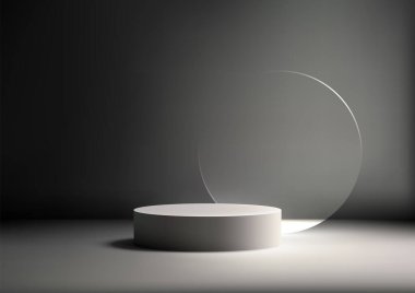 Minimalist 3D Podyum, Karanlık Oda Arkaplanındaki Dairesel Cam Pencere Ürün Ekran ve Gösteriş İçin