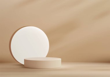 Bej Arkaplanda Beyaz Daire Arkaplanı ile Modern Biçim 3B Bej Çember Podyumu Ürün Gösterimi Moda Gösterimi Gösterimi için Mükemmel