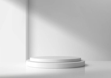 Minimalist 3D Beyaz Podyum Temiz Duvar Arkaplanında, Profesyonel Ürün Sunumu Moda Şık Gösterimi