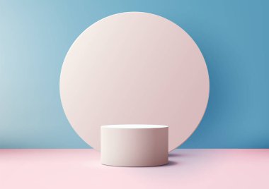 Minimum Tasarım 3D Beyaz Podyum ve Pastel Pembe Daire Paneli Açık Mavi Arkaplan, Şov Salonu Gösterimi için Zarif Ürün Modifisi