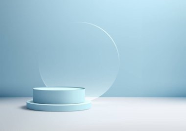 Modern Stil 3B Mavi Podyum, Cam Daire ve Açık Mavi Arkaplan, Ürün Modelleri ve Showroom Gösterileri için Mükemmel