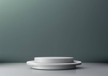 Ürün Görünümü ve Moda İçin Gri Arkaplana Karşı İki Beyaz Dairesel Platformlu Minimalist 3B Sahne