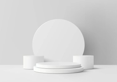 Minimalist ürün sergisi, beyaz zemin üzerinde dairesel bir zemin olan üç farklı yükseklikte üç beyaz podyum içeriyor. Modern modeller, galeriler ve vitrinler için mükemmel.