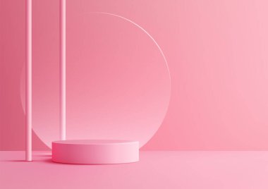Dikey sırık çizgileri ve ince dairesel cam elementle çerçevelenmiş, 3D silindirik podyumu olan yumuşak pembe minimalist bir sahne. Modern ürün gösterimleri ve modelleri için mükemmel.