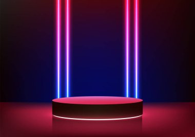 Neon Teknoloji Sergisi Vibrant Red ve Blue Lights Against a Dark Arkaplan for Modern Product Showcase, Mockup ve Futuristic Design tarafından aydınlatılan 3D Siyah Podyum