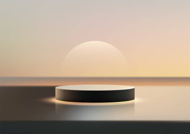 Sunrise 'da Aydınlatılan 3D Dairesel Platform Model, Modern Gösteri, Doğa İlham Veren Şov Salonu ve Şık Sunumlar İçin Minimalist Gradyan Arkaplan Görünümü