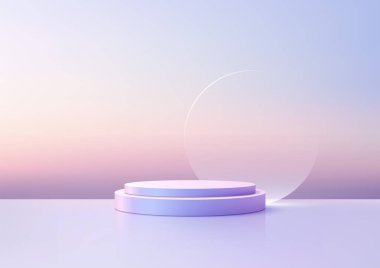 Minimalist 3D Mor Podyum Çember Şeffaf Cam ve Gradyan Arkaplan Ürün Görünümü ve Moda İçin