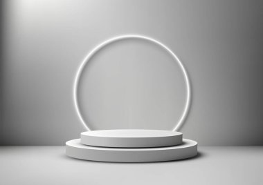 Katmanlar ve Dairesel Işık Çerçevesi, Modern ve Minimalist Temiz Gri Arkaplan Görünümü ile 3D Beyaz Podyum