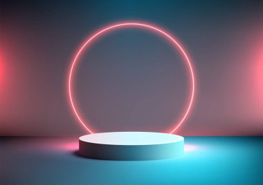 Fütürist 3D Mavi Podyum Parlayan Kırmızı Neon Çemberi Canlı Mavi Arkaplan, Teknoloji Gösterileri İçin Mükemmel, Ürün Görünümü, Mockup ve Modern Sanat Sunumları