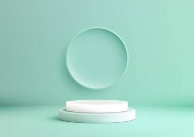 Minimalist 3D Dairesel Beyaz Podyum Naneli Yeşil Arkaplan Çerçevesi Ürün Modeli Gösterim Odası Dekorasyonu İdeal