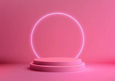 En az 3D Pembe Podyum Parlayan Neon Çemberi, Modern Ürün Ekranı, Mockup ve Showcase on Pembe Arkaplan, Ticari, Pazarlama ve Sanatsal Sunum için Tarz Tasarımı